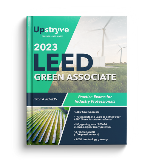 Upstryve's 2023 LEED Green Associate Prep and Review: Practice Exams for Industry Professionals Book product image provided by UpStryve Book Store. Upstryve provides access to online contractor course content, exam prep, books, and practice test questions to students and professionals preparing for their state contracting exams.