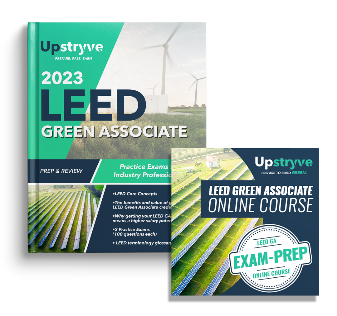 Upstryve's 2023 LEED Green Associate: Exam Prep and Review Package product image provided by UpStryve Book Store. Upstryve provides access to online contractor course content, exam prep, books, and practice test questions to students and professionals preparing for their state contracting exams.
