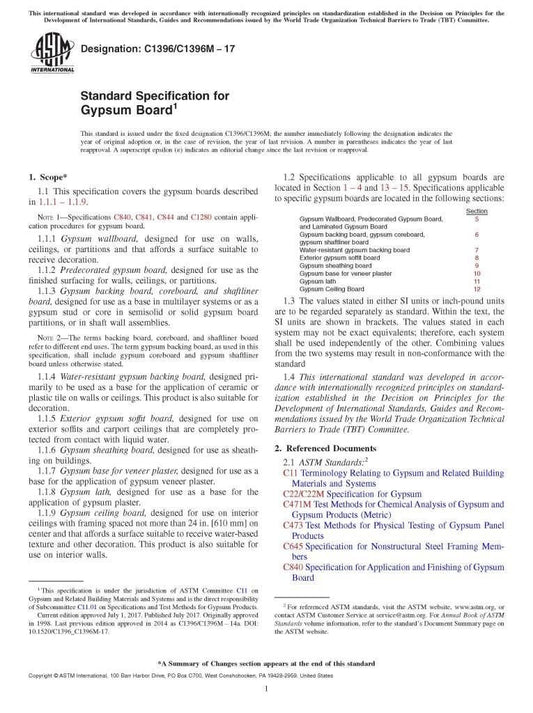 Upstryve's ASTM C1396-17 Standard Specification for Gypsum Board, 2017 product image provided by ASTM. Upstryve provides access to online contractor course content, exam prep, books, and practice test questions to students and professionals preparing for their state contracting exams.